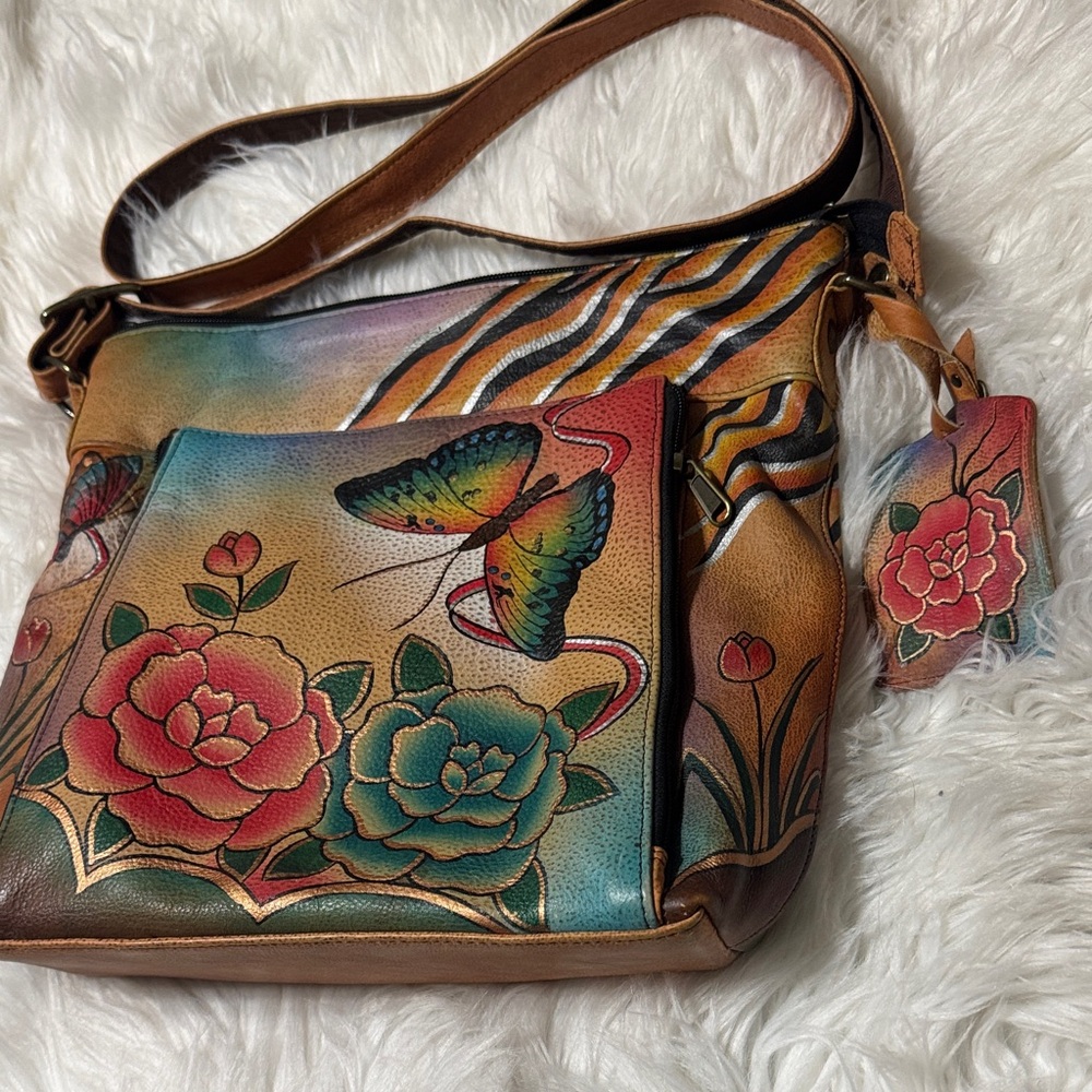 Anuschka Multicolor Leather Crossbody Bag with Floral & Butterfly Art - Picture 3 of 9